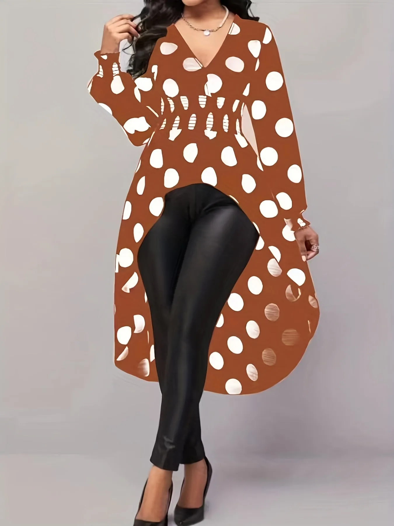 Asymmetrical Polka Dot Blouse, Long Sleeve V-neck Blouse, Casual Every Day Tops, Women's Clothing
