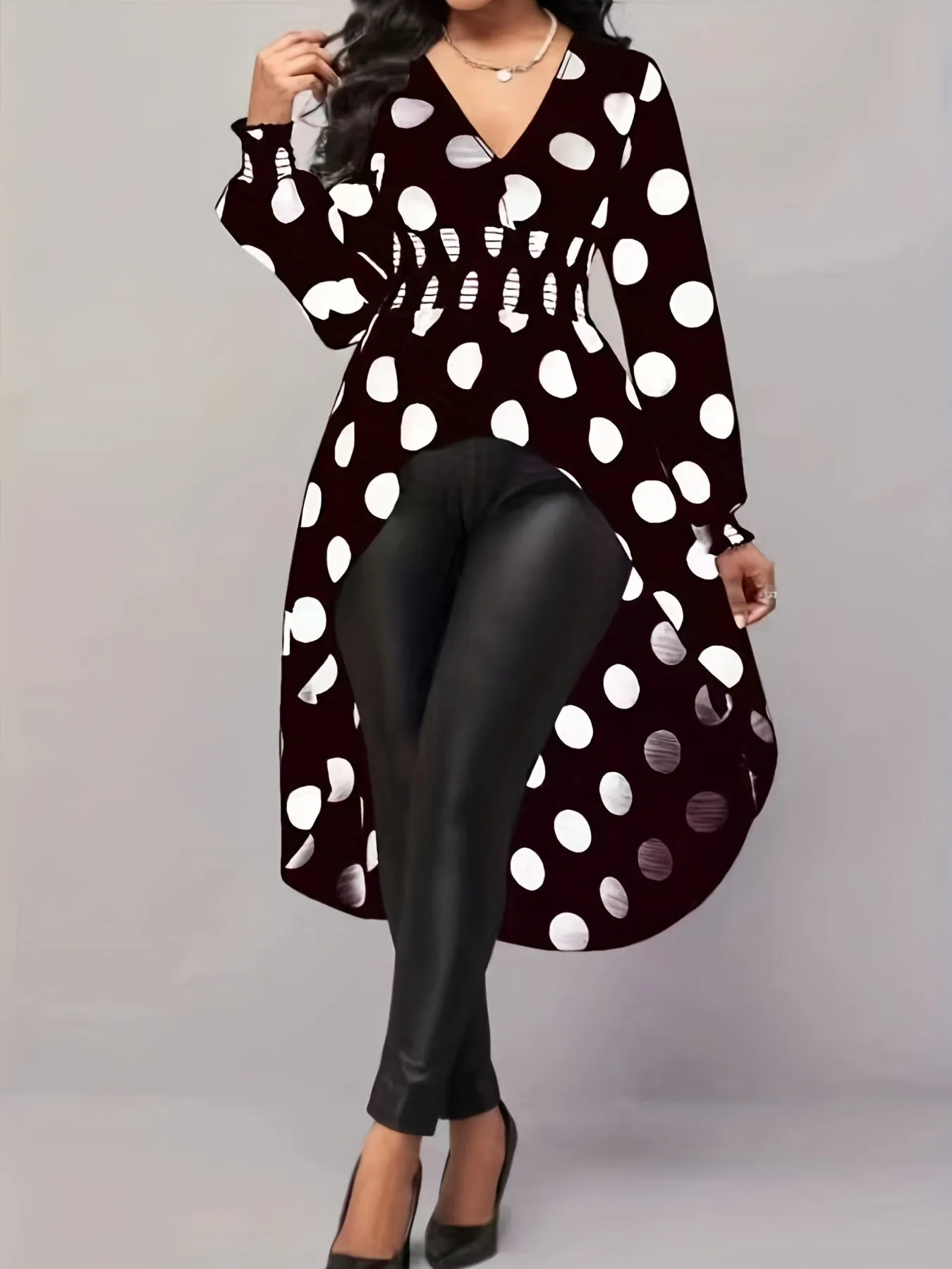 Asymmetrical Polka Dot Blouse, Long Sleeve V-neck Blouse, Casual Every Day Tops, Women's Clothing