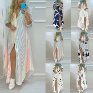 Boho Maxi Dress Turn Down Collar & Long Sleeves