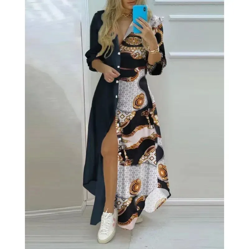 Boho Maxi Dress Turn Down Collar & Long Sleeves
