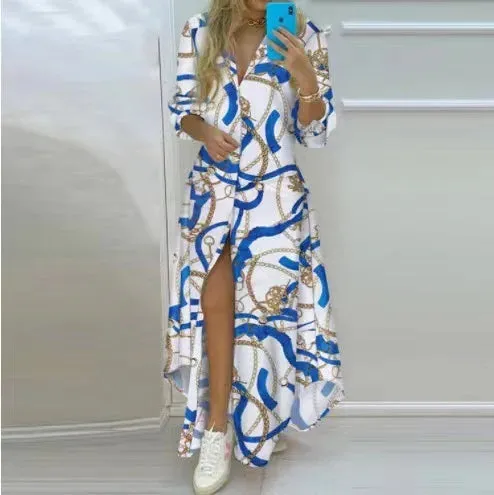 Boho Maxi Dress Turn Down Collar & Long Sleeves