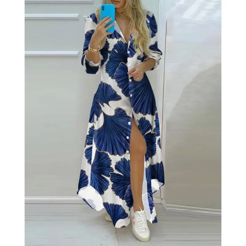 Boho Maxi Dress Turn Down Collar & Long Sleeves