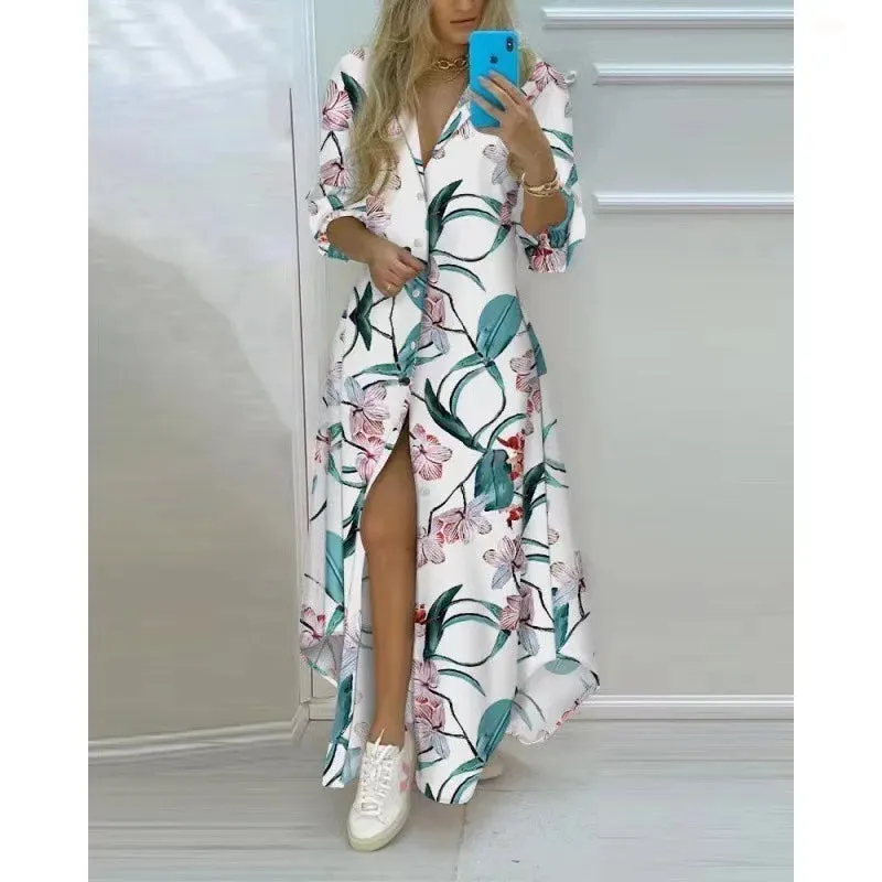 Boho Maxi Dress Turn Down Collar & Long Sleeves