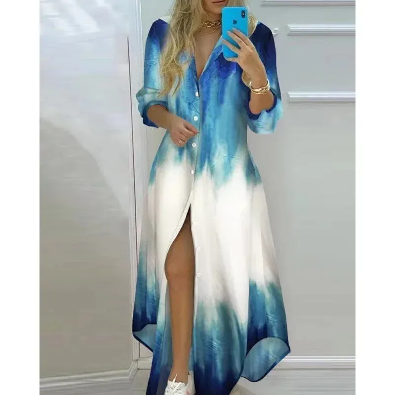 Boho Maxi Dress Turn Down Collar & Long Sleeves