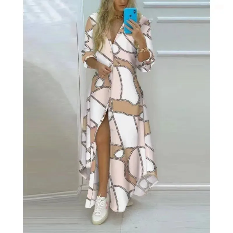 Boho Maxi Dress Turn Down Collar & Long Sleeves