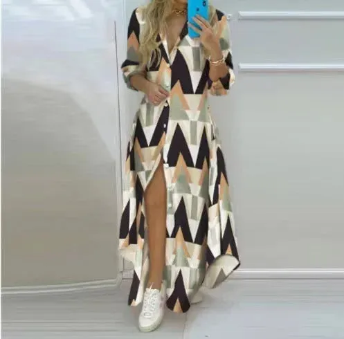 Boho Maxi Dress Turn Down Collar & Long Sleeves