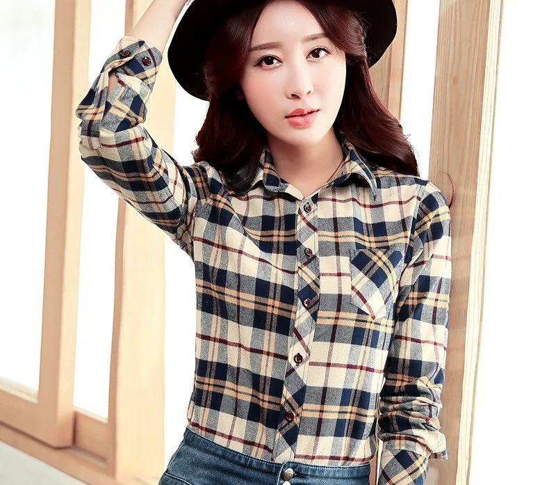 Brand Women's Clothing Plaid Casual shirts Long Sleeve Shirt Outerwear Loose Plus Size Blouse