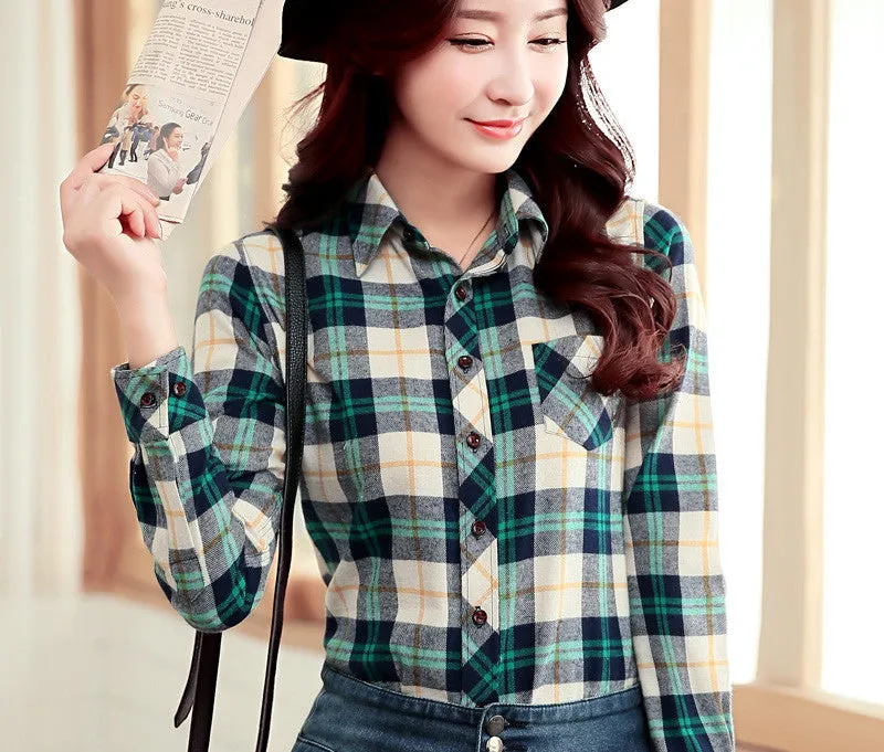 Brand Women's Clothing Plaid Casual shirts Long Sleeve Shirt Outerwear Loose Plus Size Blouse