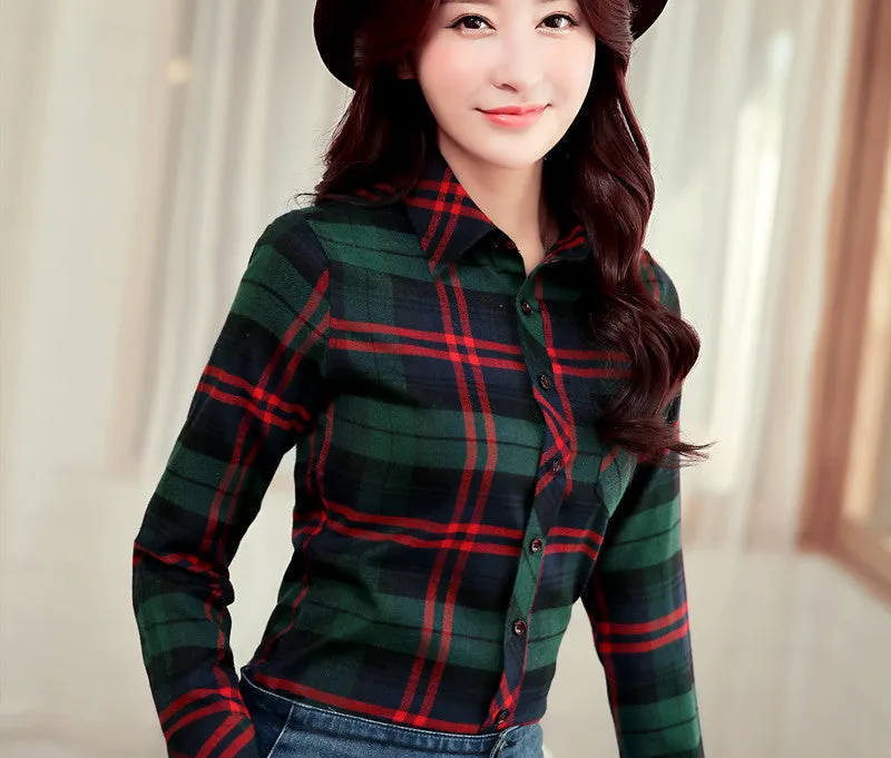Brand Women's Clothing Plaid Casual shirts Long Sleeve Shirt Outerwear Loose Plus Size Blouse