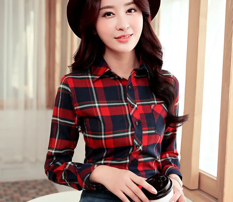 Brand Women's Clothing Plaid Casual shirts Long Sleeve Shirt Outerwear Loose Plus Size Blouse