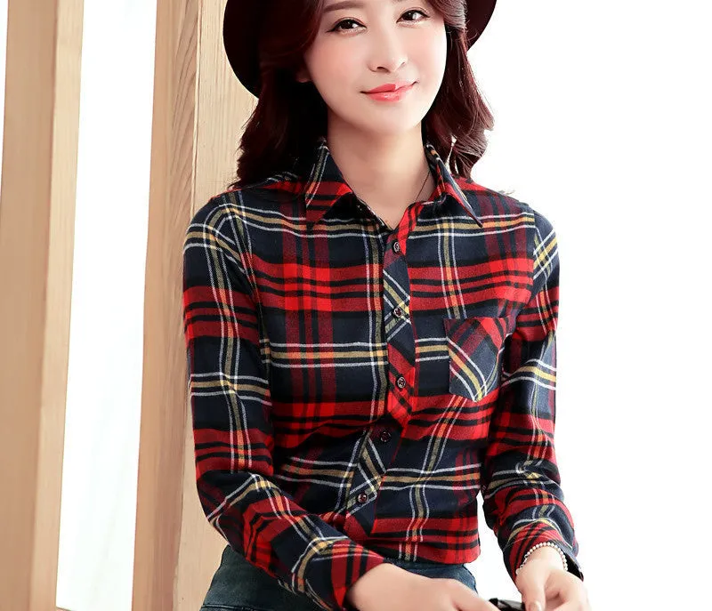 Brand Women's Clothing Plaid Casual shirts Long Sleeve Shirt Outerwear Loose Plus Size Blouse