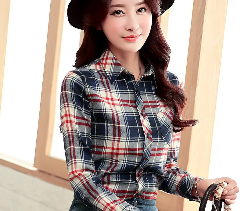 Brand Women's Clothing Plaid Casual shirts Long Sleeve Shirt Outerwear Loose Plus Size Blouse
