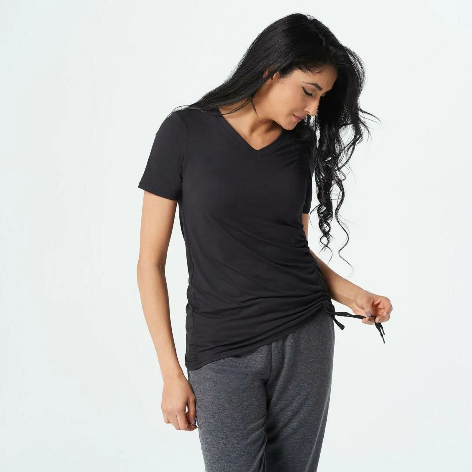 Cuddl Duds Women's Flexwear V Neck Tee With Side Tie Black Large