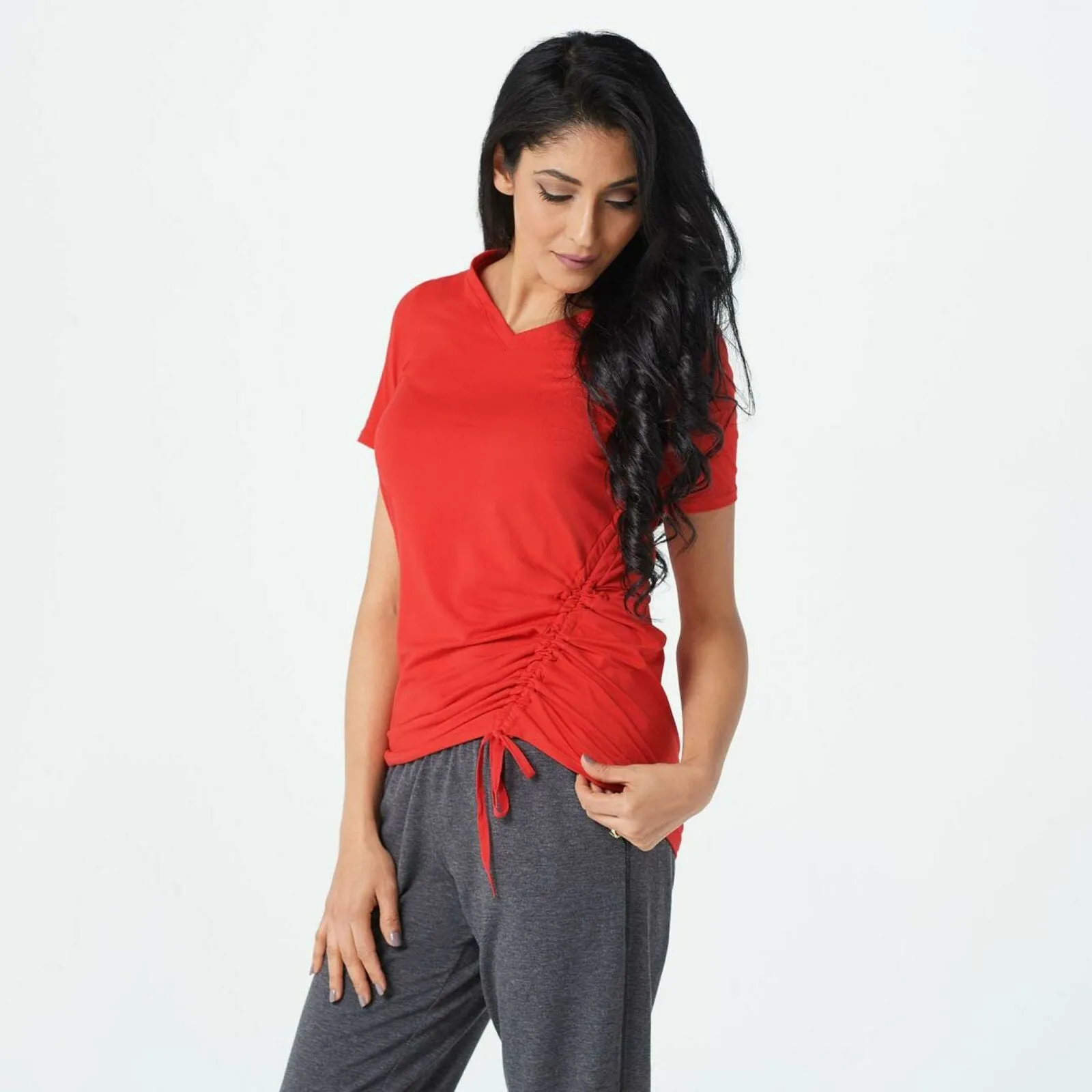 Cuddl Duds Women's Flexwear V Neck Tee With Side Tie Victorian Red Small