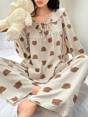 Dream Adore Women's Polka Dot Bear Head Print Ruffle Tie Collar Top And Pants Pajama Set