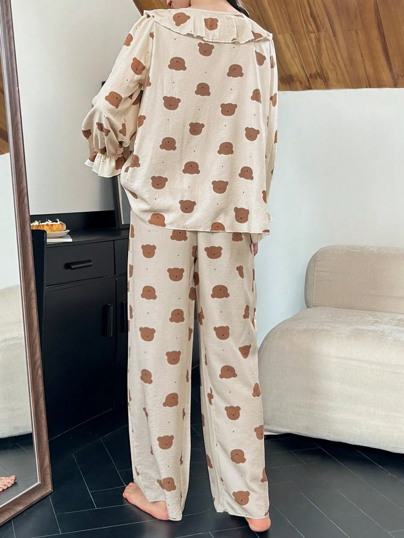 Dream Adore Women's Polka Dot Bear Head Print Ruffle Tie Collar Top And Pants Pajama Set