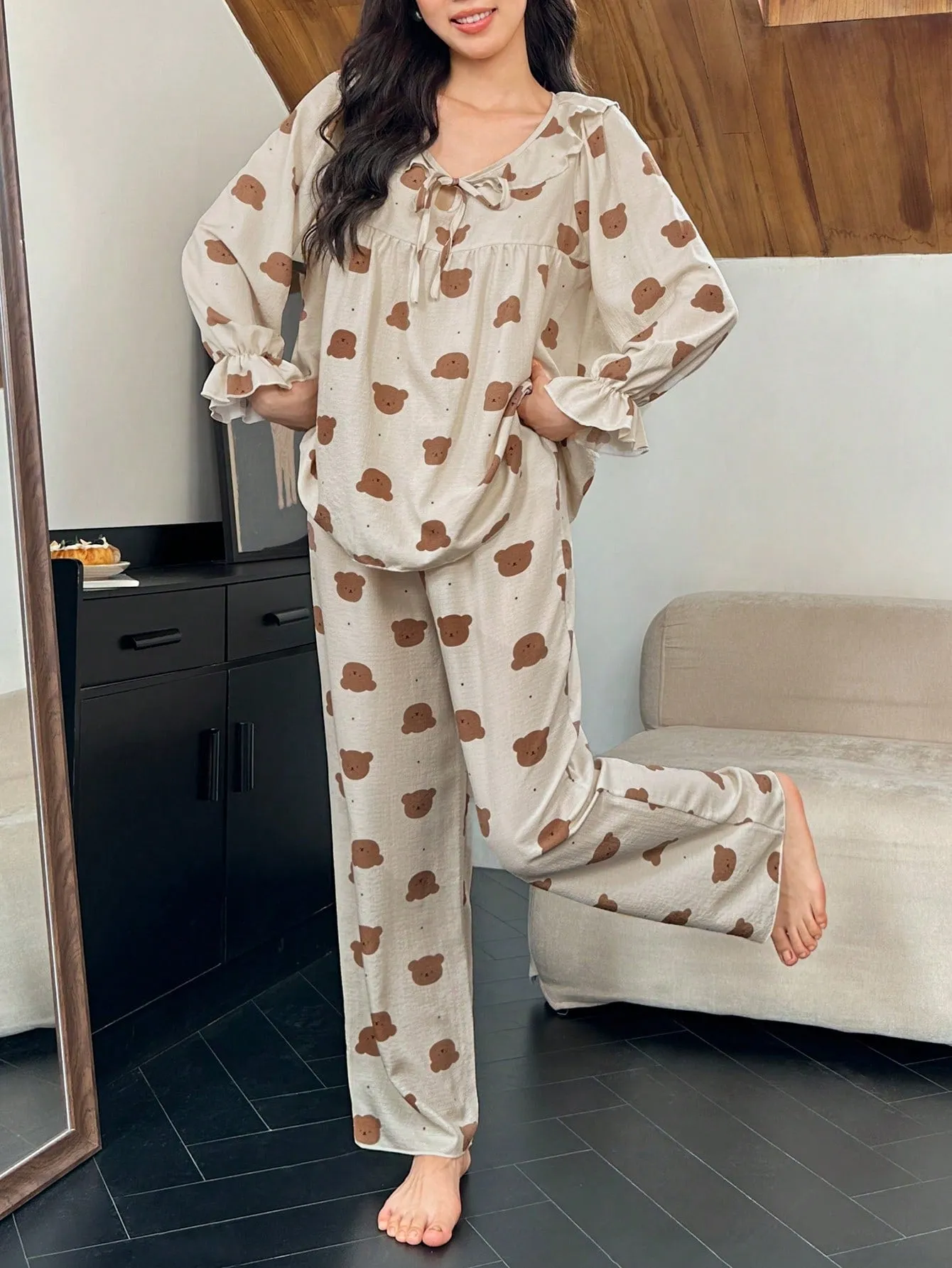 Dream Adore Women's Polka Dot Bear Head Print Ruffle Tie Collar Top And Pants Pajama Set