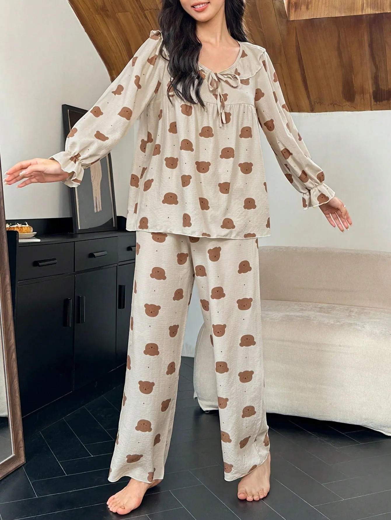 Dream Adore Women's Polka Dot Bear Head Print Ruffle Tie Collar Top And Pants Pajama Set