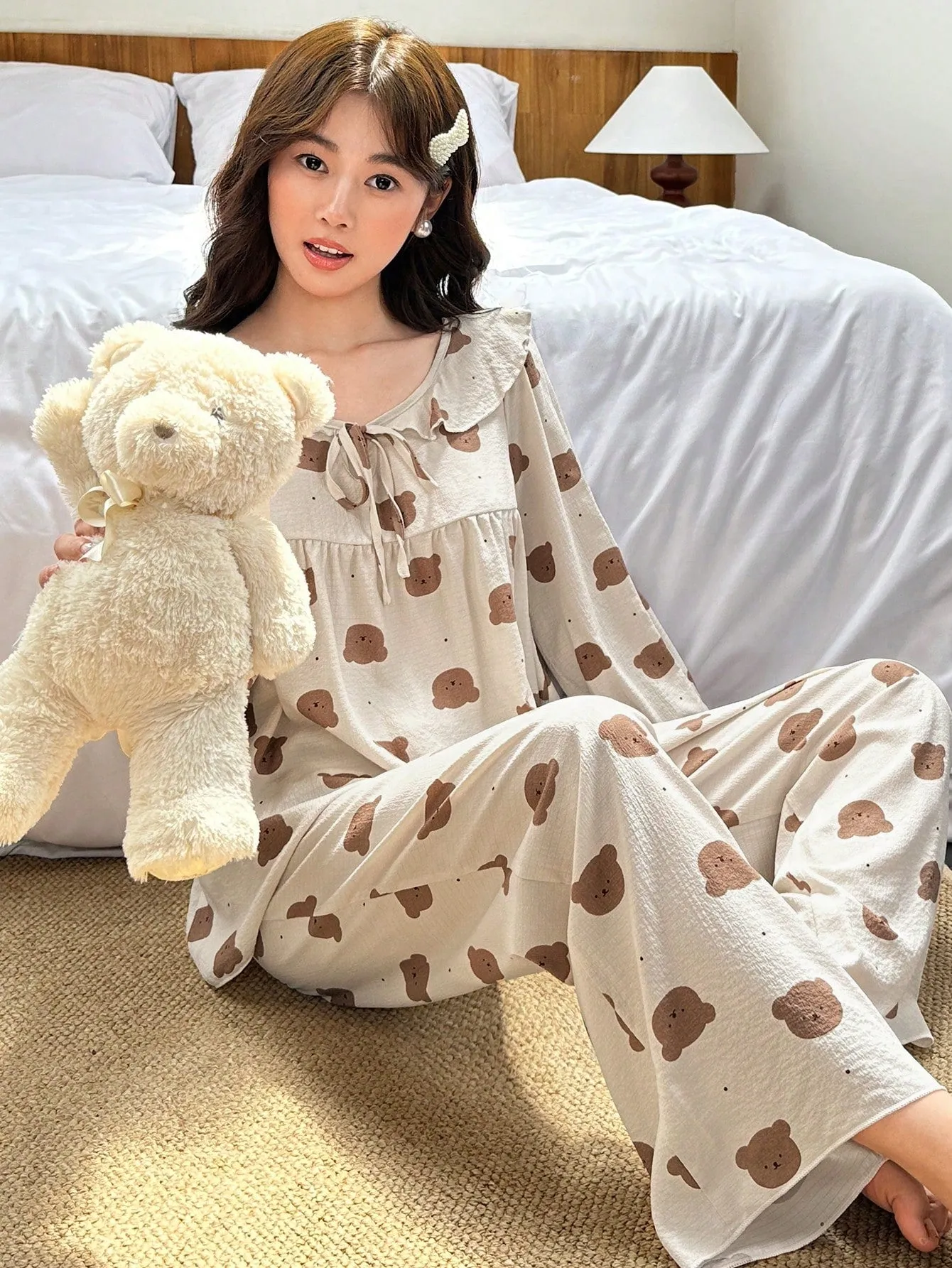 Dream Adore Women's Polka Dot Bear Head Print Ruffle Tie Collar Top And Pants Pajama Set
