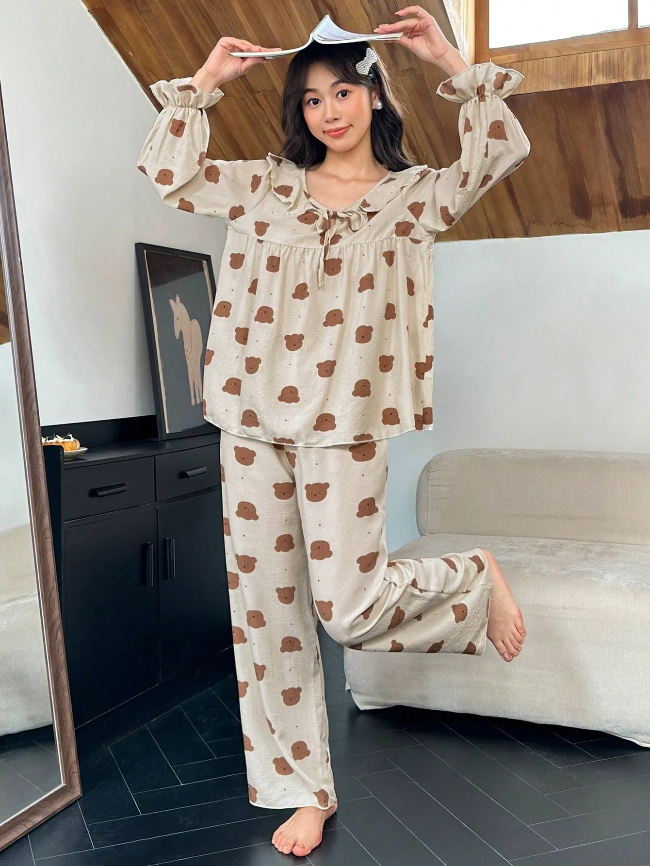 Dream Adore Women's Polka Dot Bear Head Print Ruffle Tie Collar Top And Pants Pajama Set