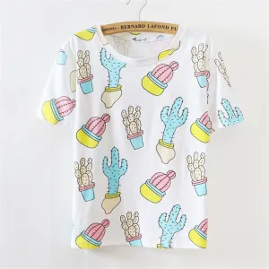fresh tees cactus printing casual tops loose t-shirt women short-sleeve HARAJUKU woman t shirt Women's Clothing