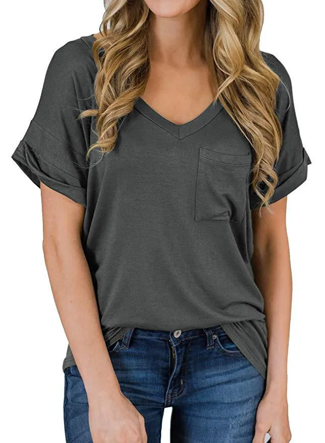 Haute Edition Women's Loose Relaxed Fit V-Neck Summer Top T-Shirt With Pocket