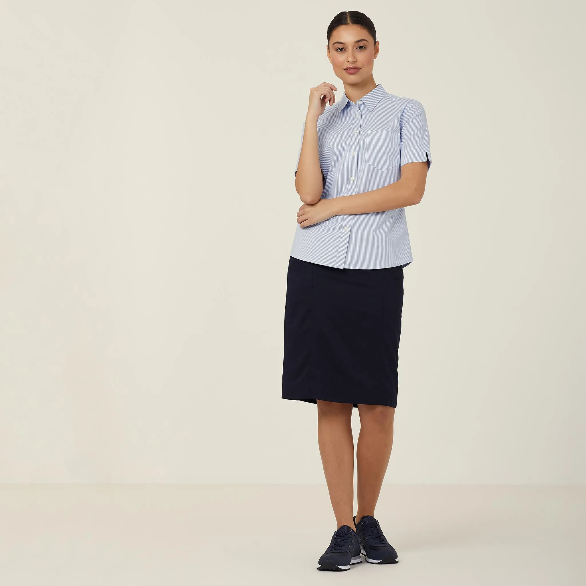 NNT Women's Avignon Fine Block Stripe Stretch Short Sleeve Shirt - Light Blue/White