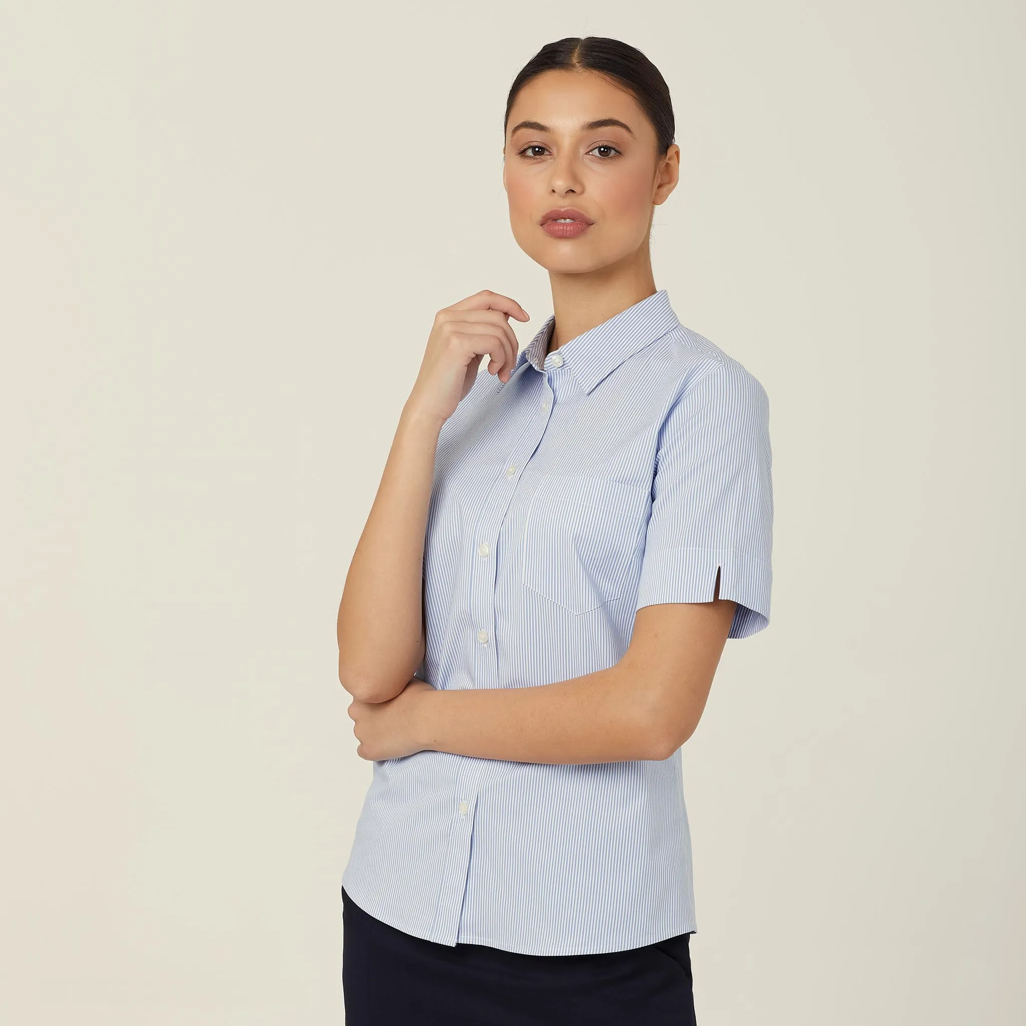 NNT Women's Avignon Fine Block Stripe Stretch Short Sleeve Shirt - Light Blue/White