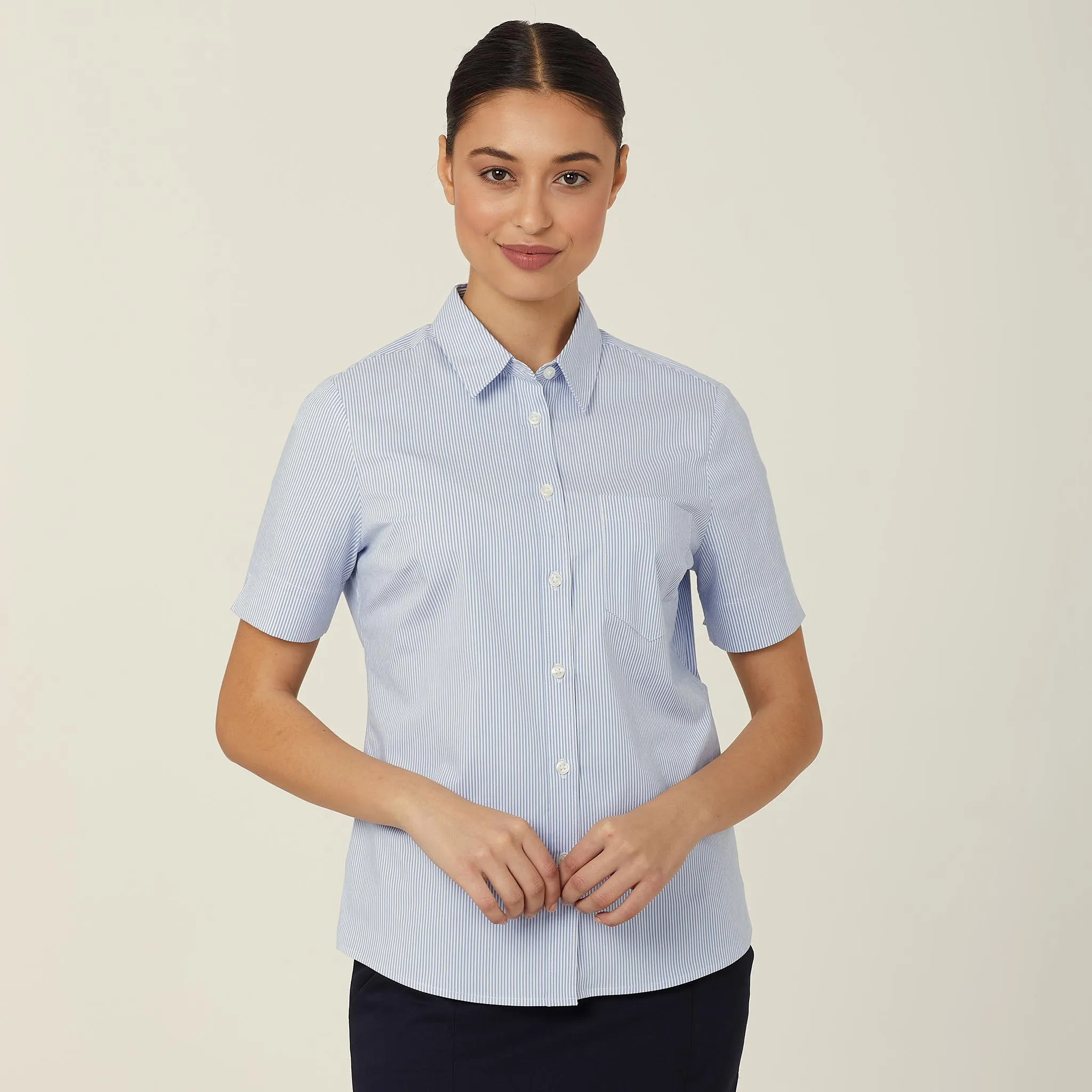 NNT Women's Avignon Fine Block Stripe Stretch Short Sleeve Shirt - Light Blue/White