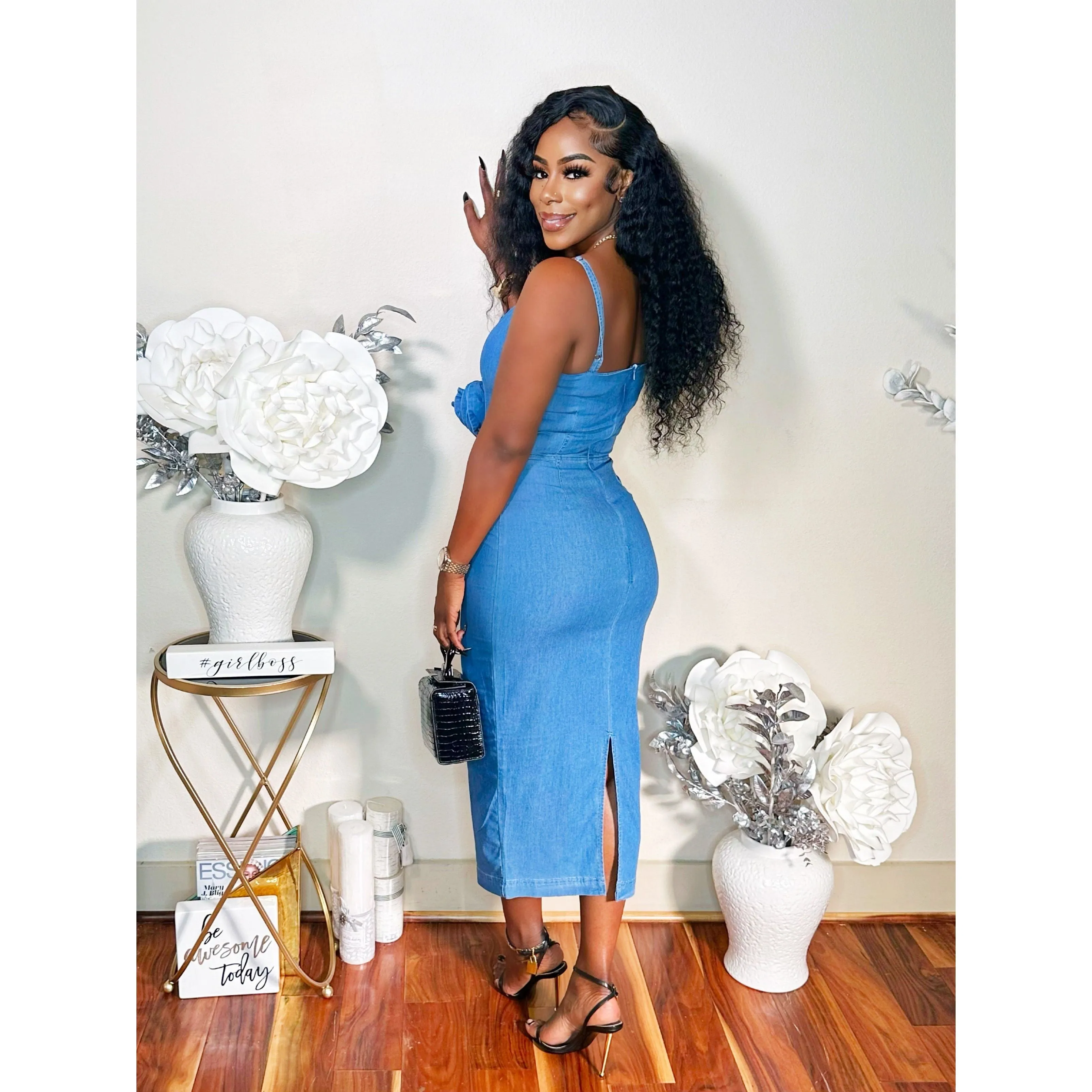 READY TO STEP OUT FLOWER DENIM DRESS