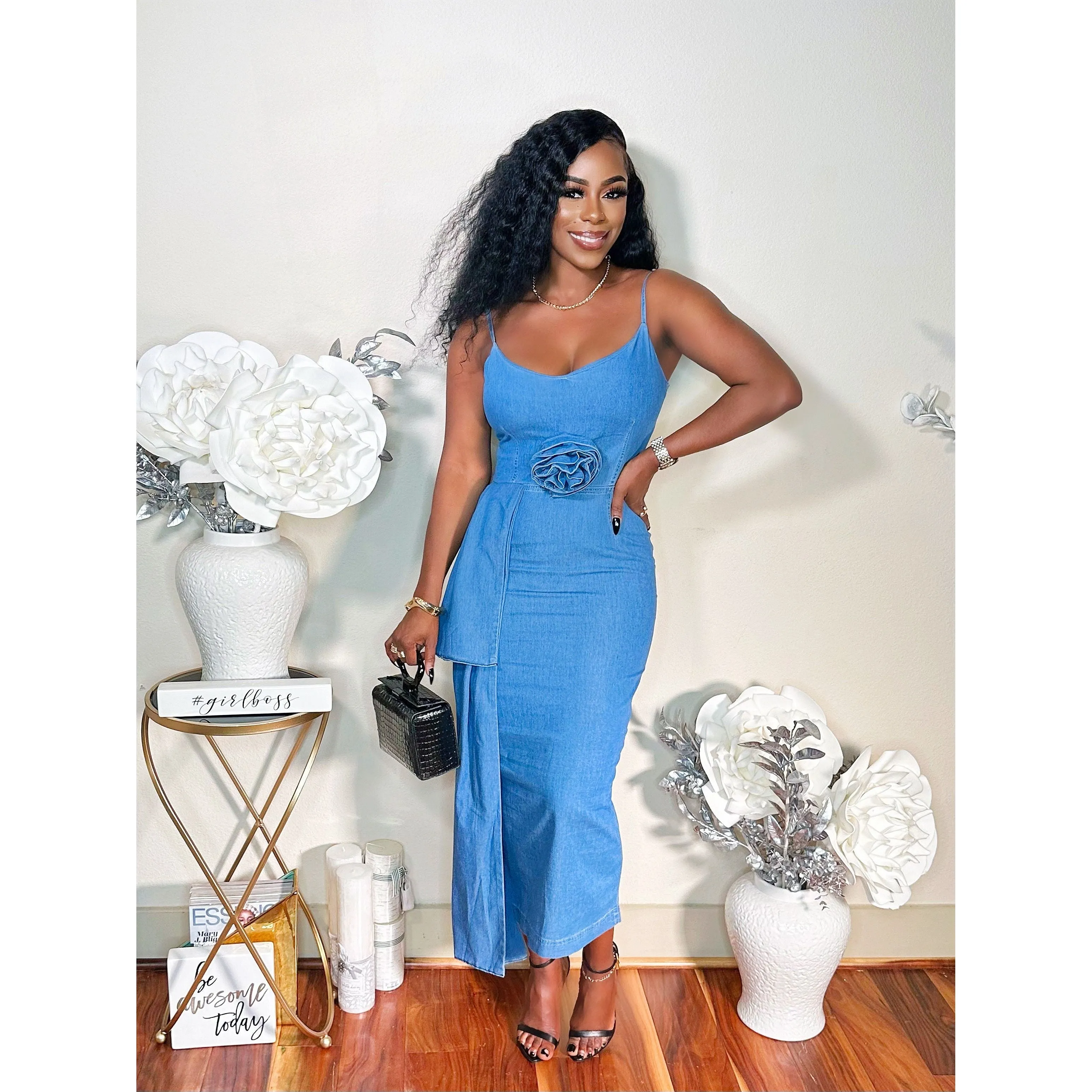 READY TO STEP OUT FLOWER DENIM DRESS