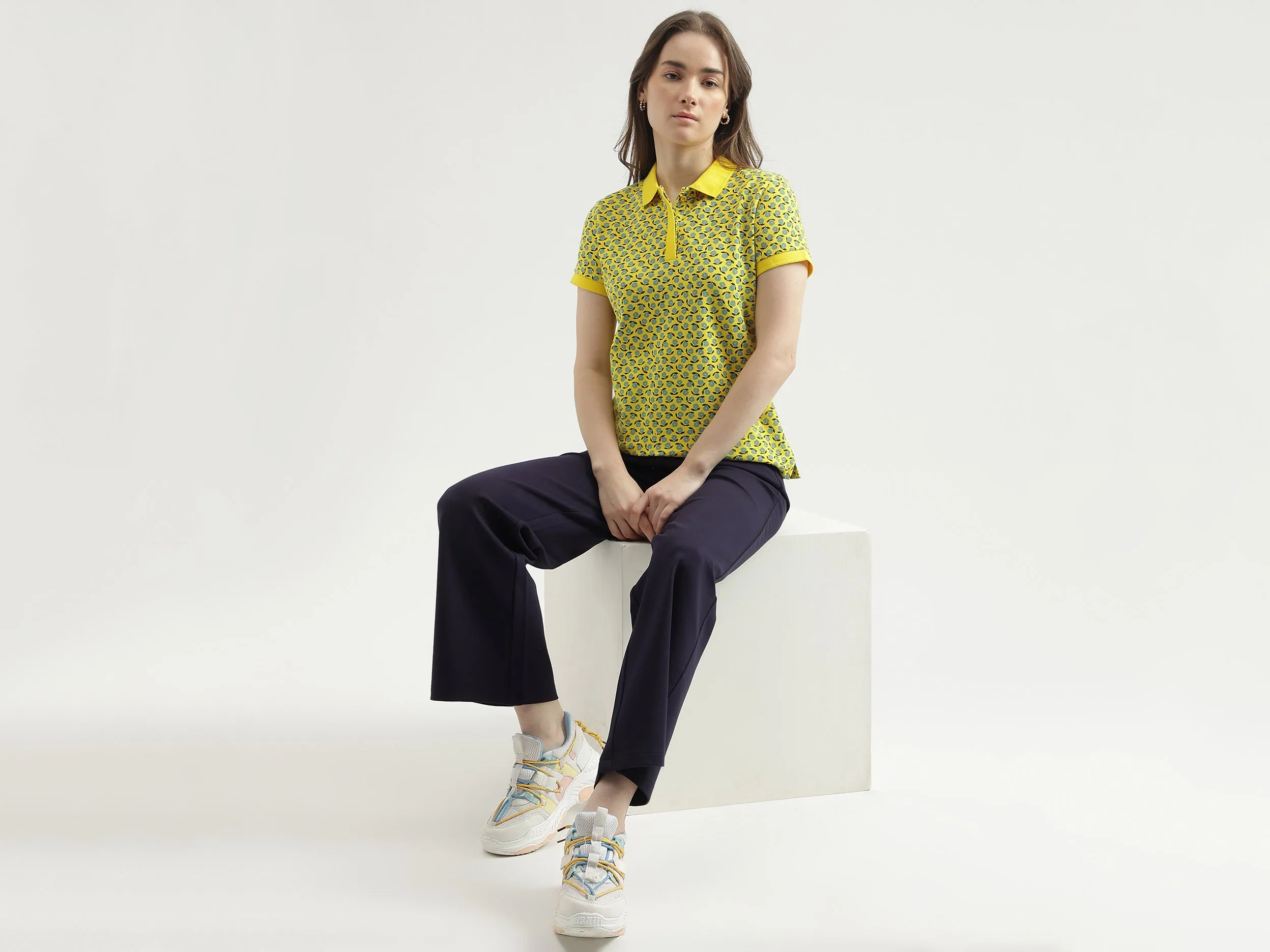 Regular Fit Polo Neck Printed Women's T-Shirt