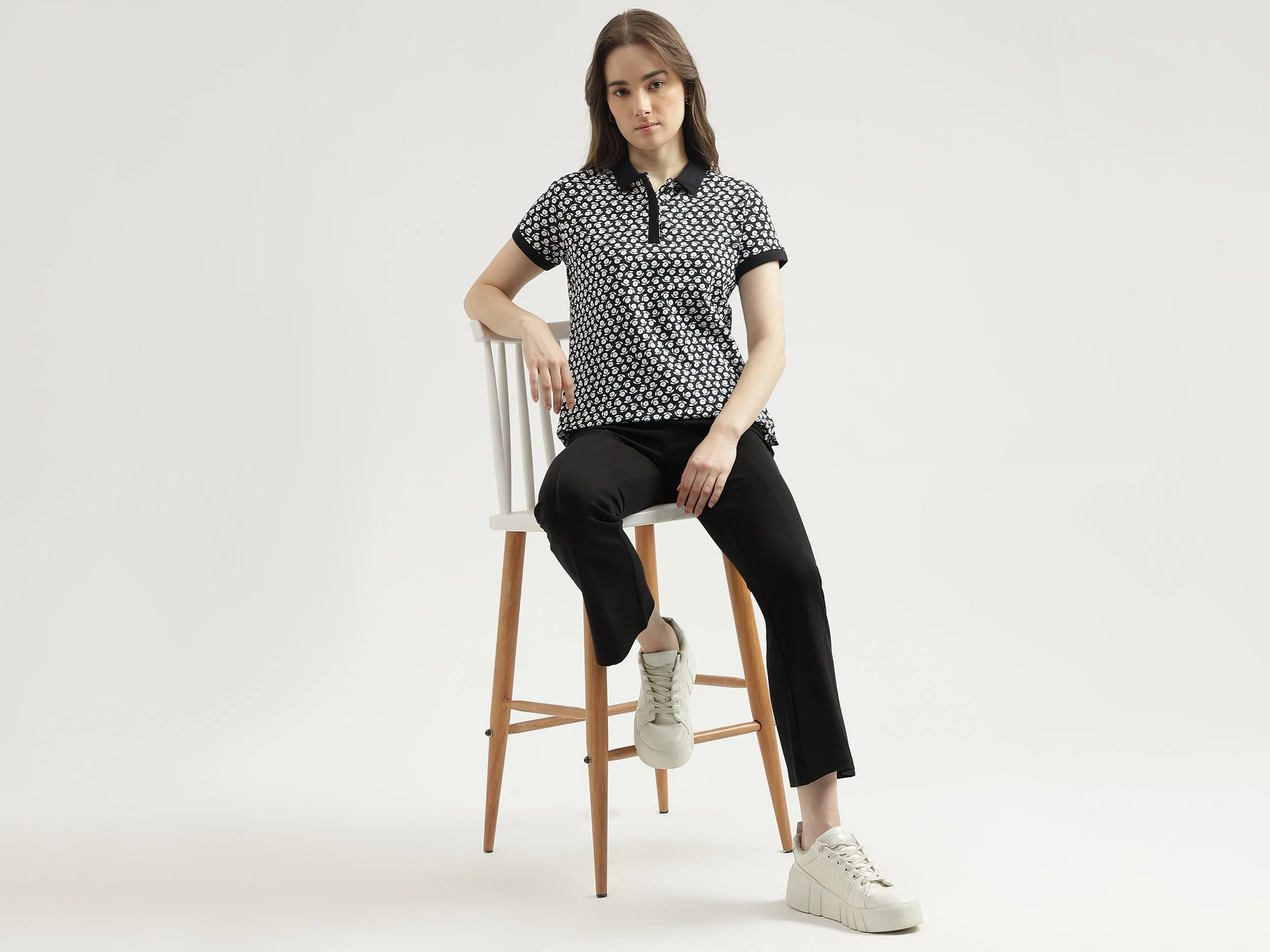 Regular Fit Polo Neck Printed Women's T-Shirt