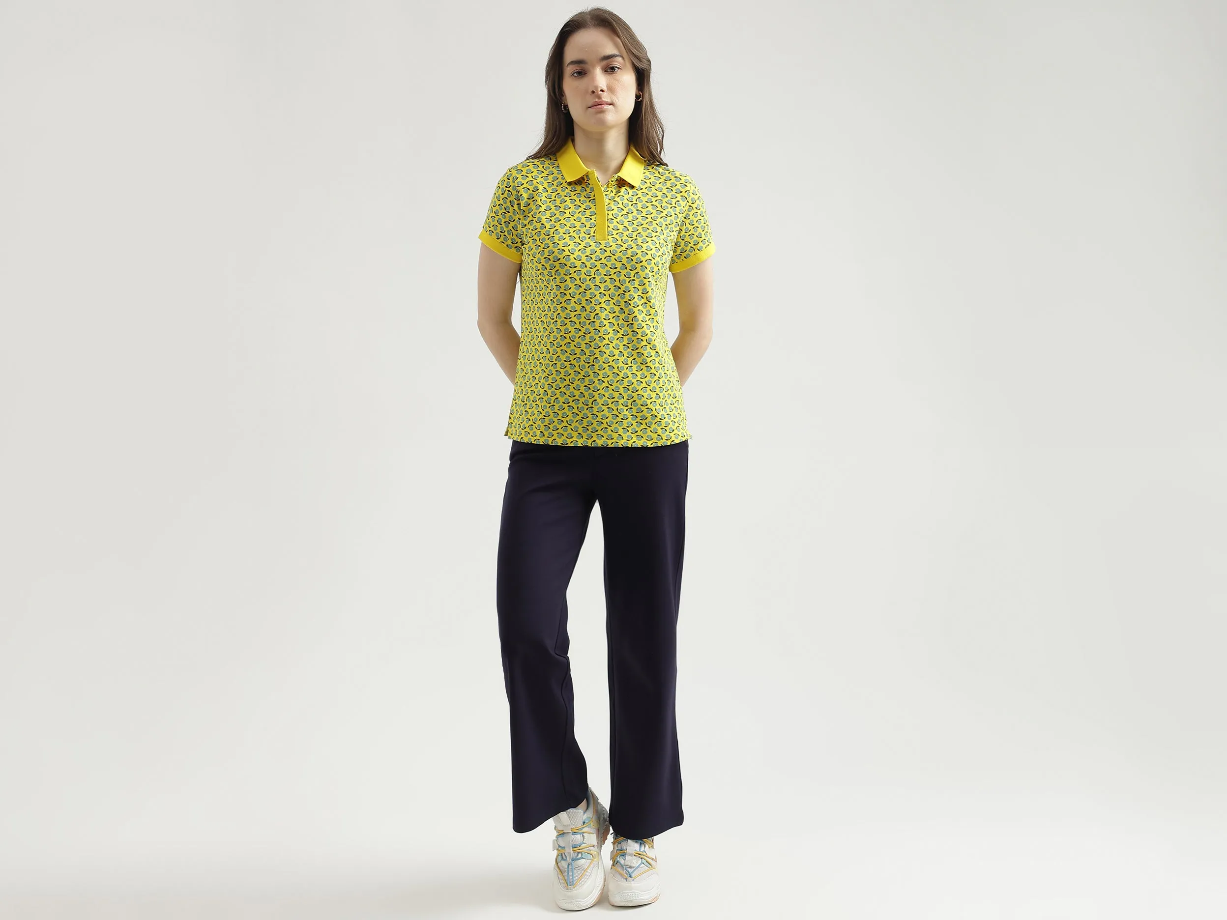 Regular Fit Polo Neck Printed Women's T-Shirt