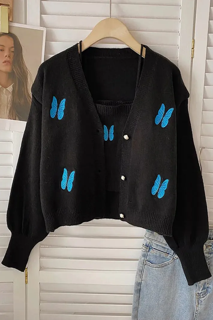Two Piece Suits Cardigans Butterfly Embroidery Cardigans and Strap Crop Tops