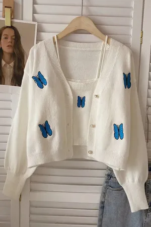 Two Piece Suits Cardigans Butterfly Embroidery Cardigans and Strap Crop Tops