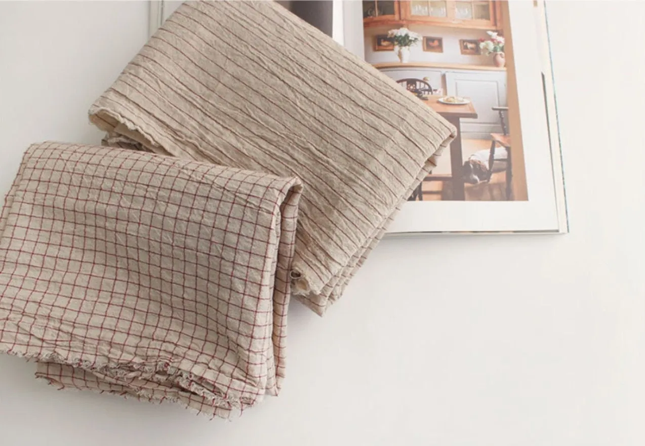 Wide Width Prewashed Cotton-Linen Blend Fabric in French Red Checks or Stripes - By the Yard / 10778