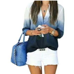 Women's Shirt Ladies Casual V Neck Blouses Loose Shirts Gradual Change Long Sleeve