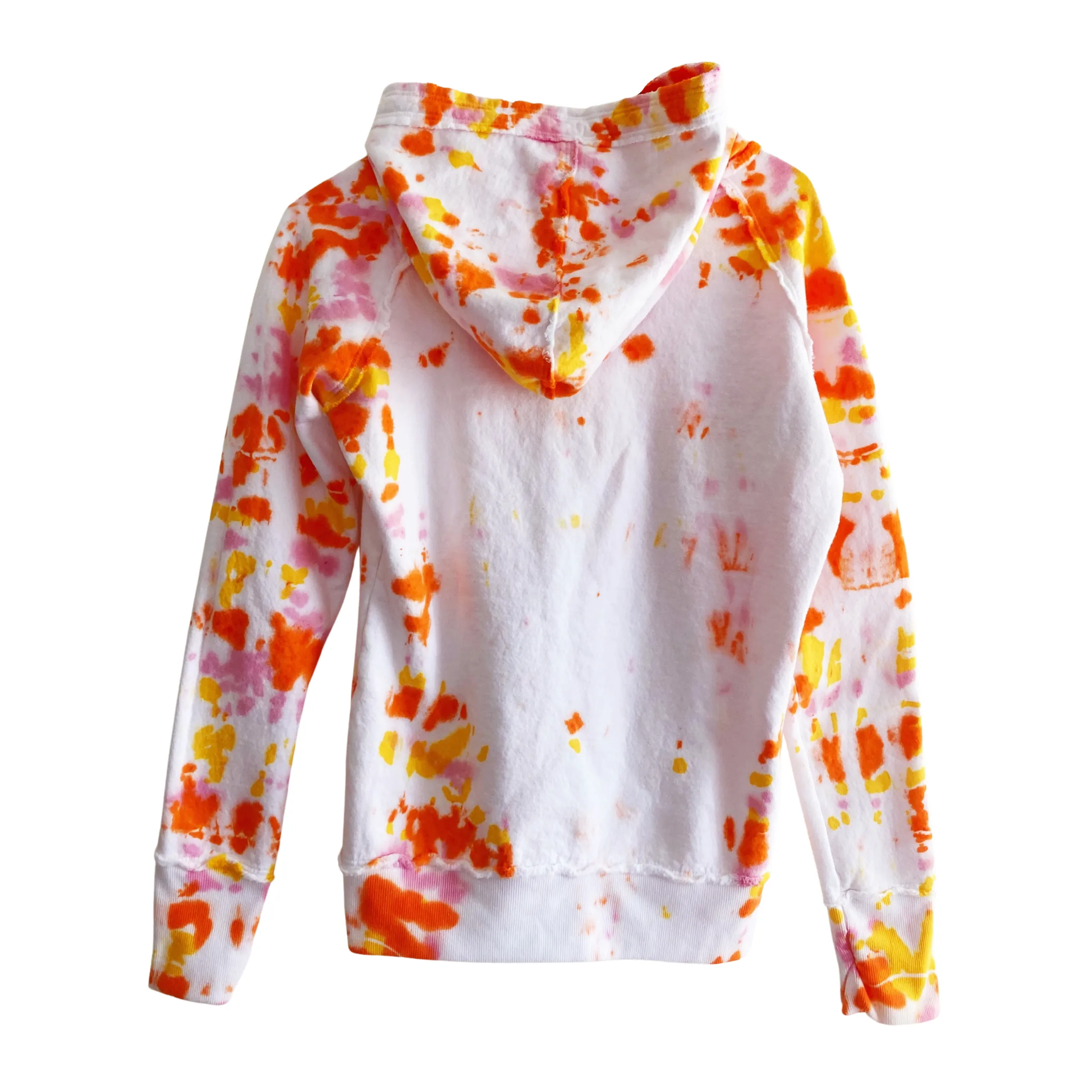 Women's Zip Up Hoodie with Raw Edge Hem, Pink Orange Tie Dye